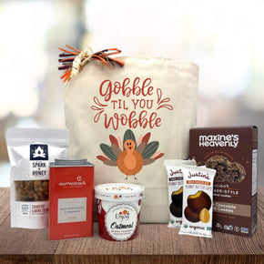 Gourmet thanksgiving basket with granola, cocoa, oatmeal, justins peanut butter cups, and cookies
