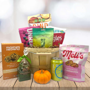 Halloween gift basket with cookies, candies, caramels, drinks and more