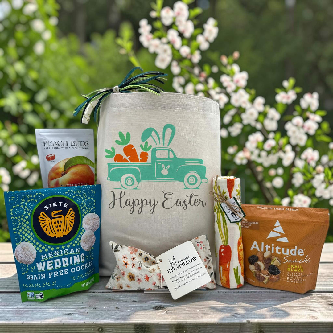 Easter Gift Basket with Peach Buds, Mexican wedding cookies, a lavedner eye pillow, a kitchen dishtowel and trail mix
