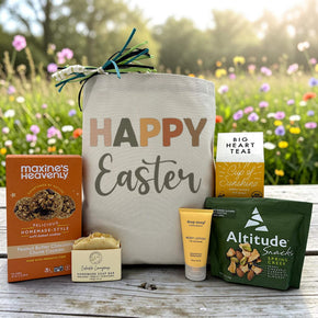 easter gift with cookies, soap, lotion, trail mix, and tea