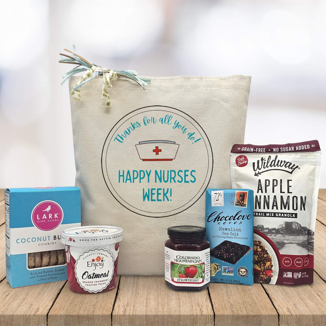 Gourmet nruses gift with cookies, oatmlea, jam, chocolate bar and granola