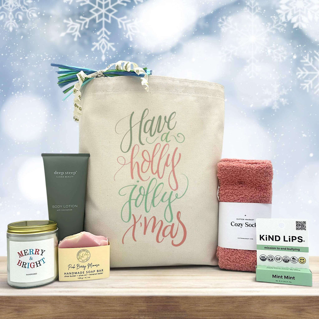 gourmet holiday gift basket with a large candle, soap, lotion, socks and chapstick
