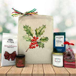 Gourmet Holiday gift basket with pretzels and caramel, a candle, tea and caramels
