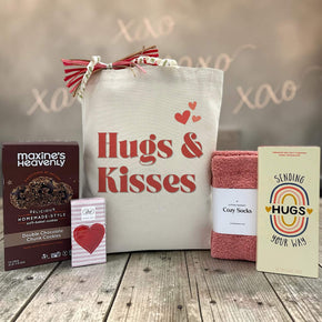 heartfelt hugs and kisses gift with cookies, tissues, socks and a chocolate bar