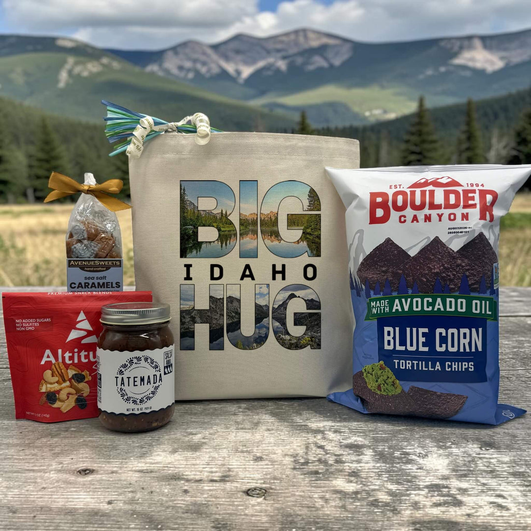 big idaho hug with a lake and mountain inside big hug, with snacks sitting on a table