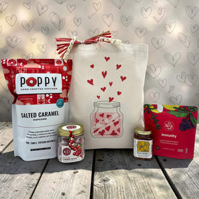 heartfelt gift with popcorn, cherry buds, honey and tea