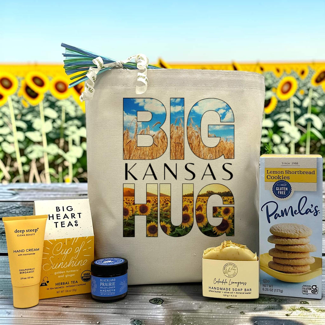 big kansas hug gift basket with hand cream, tea, honey soap and cookies