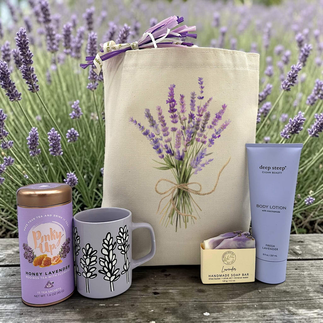 lavender gift with tea, a mug, soap and lotion