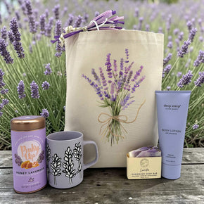 lavender gift with tea, a mug, soap and lotion