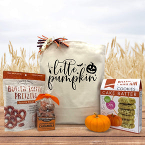 little pumpking gift basket with toffee pretzels, caramels, a knit pumpkin and cookies