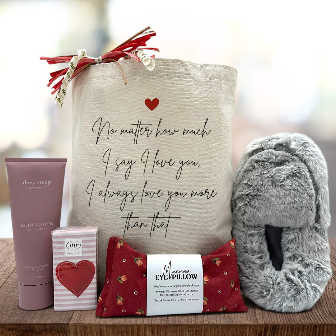 heartfelt gift with lotion, tissues, an eye pillow and slippers