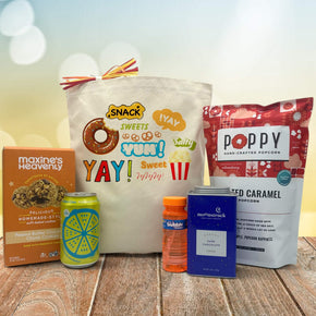 Halloween snacks gift basket with cookies, poppi, bubbles, cocoa and salted caramel popcorn