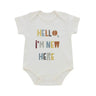 baby onesie with the text hello im new here on the front 
