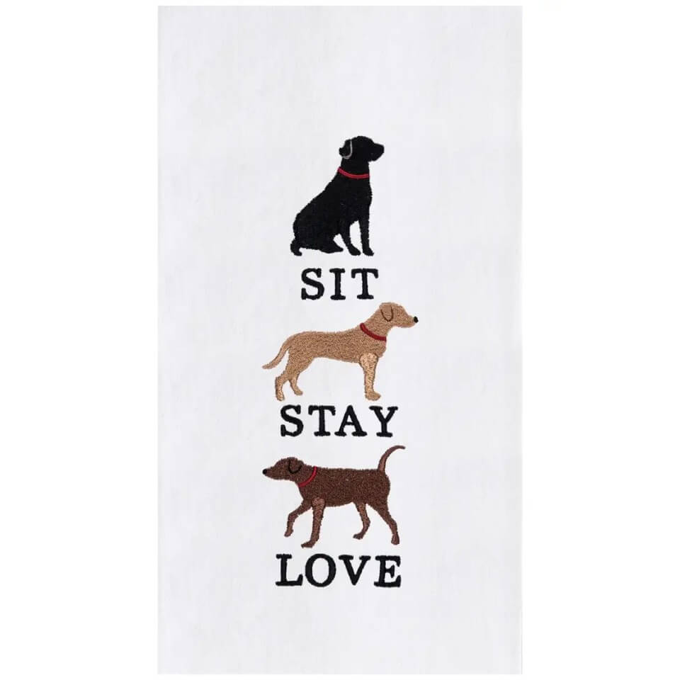 dishtowel with three dogs saying sit, stay, love 
