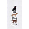 dishtowel with three dogs saying sit, stay, love 