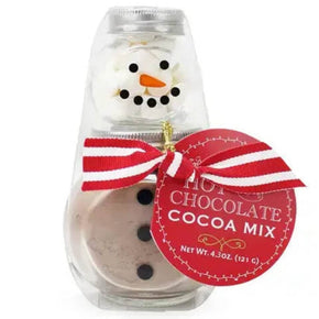 hot cocoa mix with marshmallows in a snowman container 