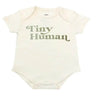 baby onesie with the text tiny human on front 