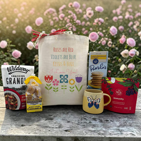 gift with granola, caramels, cookies, tea, and a mug