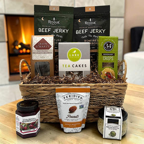 Gourmet sweet and savory gift basket with jerky, caramels, cookies, crackers, bruschette, jam and peanuts