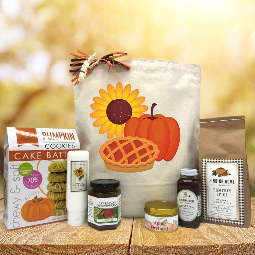 Gourmet thanksgiving basket with cookies, lotion, jam, candle, pancake mix and syrup