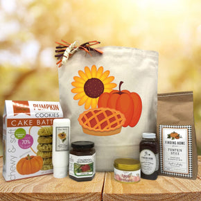 Gourmet thanksgiving basket with cookies, lotion, jam, candle, pancake mix and syrup