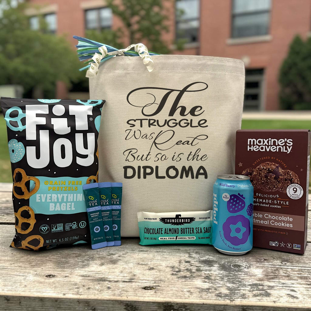 the struggle was real but so is the diplome printed on a canvas tote bag with snacks
