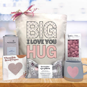 valentine gift with cocoa, seed paper, lavender eye pillow, heart mug and chocolate bar