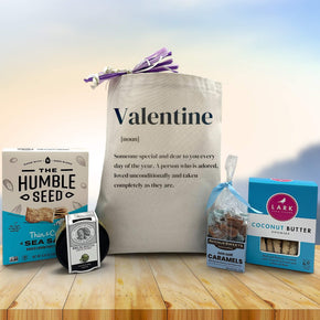 valentine gift with crackers, bruschetta, caramels, and cookies