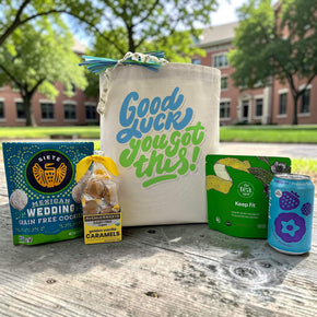 good luck college themed gift with mexican wedding cookies, caramels, tea, and poppi