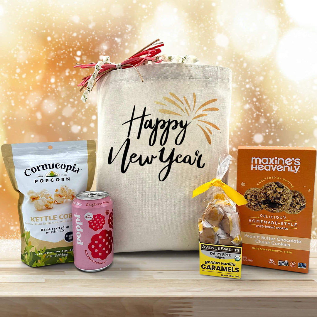 new year gift basket with popcorn, poppi, caramels and cookies