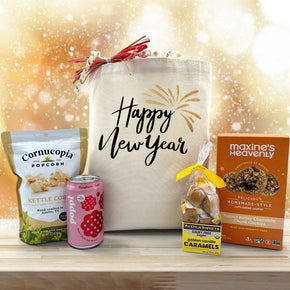 new year gift basket with popcorn, poppi, caramels and cookies