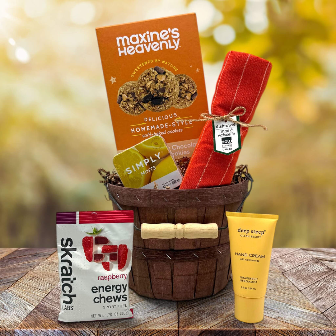 Mini rustic brown apple bushel with cookies, mints, dishtowel, energy chews, and a hand cream