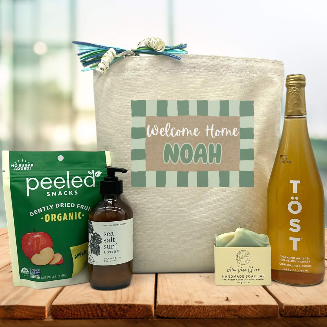 Welcome home (Custom Name) Green Eidtion on tote bag with apple slives, lotion, soap and tost