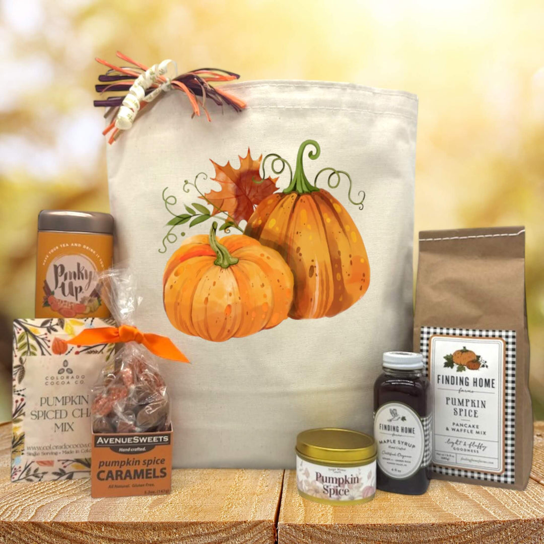 Gourmet Pumpking gift basket with tea, pumpkin chai, caramels, pumpkin candle, and syrup with pancake mix