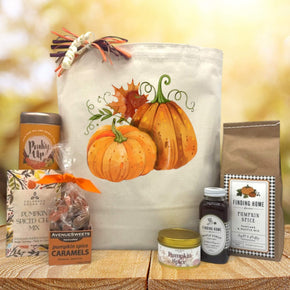 Gourmet Pumpking gift basket with tea, pumpkin chai, caramels, pumpkin candle, and syrup with pancake mix
